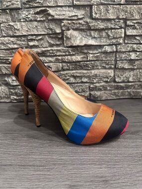 Fendi Multicolor Striped Canvas FF Heel Pumps Size 38 Made in Italy